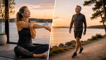 Femme en séance d'étirement des épaules, homme en récupération active lors d'une marche au bord du Golfe.