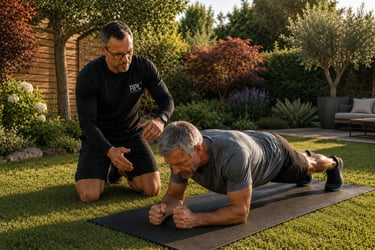 Séance de gainage d'un client RPL+ dans son jardin, sous les yeux du coach pour une éxécution du mouvement en sécurité