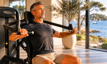 Homme 40+ en séance de musculation haut du corps avec un ciblage pectoraux sur une Chest Press
