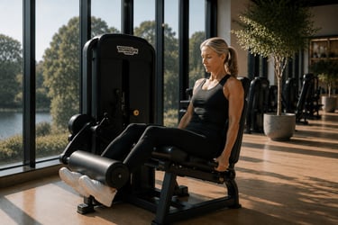 Femme réalisant du renforcement musculaire des quadriceps à l'aide d'une machine leg extension en salle de sport.