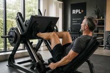 Homme 40+ effectuant exercice de renforcement musculaire sur une leg press