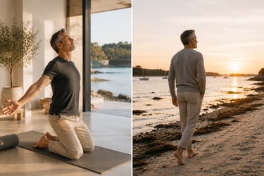 Homme 40+ en séance d'étirement thoracique sur tapis, et marche active sur la plage le long du golfe du Morbihan