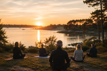 Samll Group en séance respiration au coucher du soleil face au golfe du Morbihan