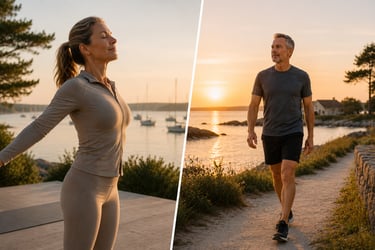 Mobilité thoracique et récupération active lors d'une marche après une séance de sport.