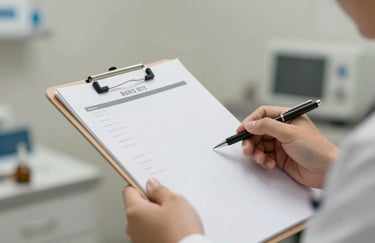 Close up of a veterinarian's hands holding a modern medical chart, medical gear in background, trustworthy and clean, subtle #5E8E7D tones.