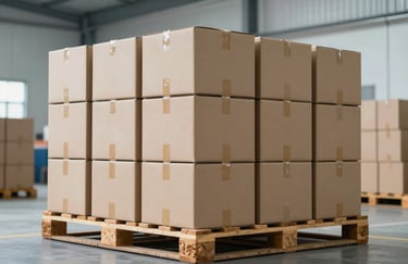 A neatly stacked pile of clean cardboard boxes on a wooden pallet inside a bright, modern Brazilian warehouse, soft steel blue and off-white tones.