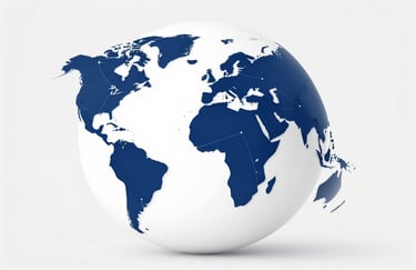 A stylized minimalist globe showing digital connection lines between Europe, USA, and South America, clean professional design using #0C1E3C and #3F5E7B.