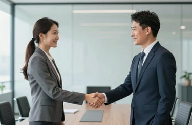 A professional handshake between two business leaders in a bright, modern glass-walled boardroom, focused on trust and partnership.