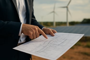 A close-up photograph of a professional engineer pointing at a technical site map in an Australian / Indian business setting. Focus is on the hands and the document, with blurred renewable energy infrastructure in the background. Natural light, professional attire.