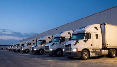 A high-quality photo of a modern semi-truck traveling on a vast North American highway under a clear blue sky, emphasizing efficiency and speed.