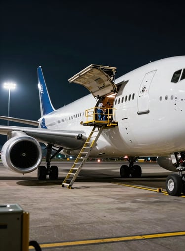 A detailed shot of a cargo plane being loaded on a tarmac at night, with bright stadium lighting and a focus on precision logistics.