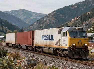 A commercial train carrying intermodal containers through a scenic mountain pass in the North American West, capturing the scale of land freight.