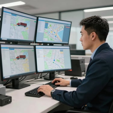 A focused shot of a logistics dispatcher in a clean, modern North American office environment, looking at multiple screens displaying freight data and maps.