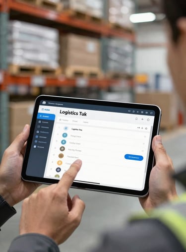Close-up of a freight professional's hands using a tablet with a logistics tracking interface, set against the backdrop of a bright warehouse.