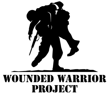 Black silhouette of a soldier carrying a wounded comrade above the Wounded Warrior Project logo text.