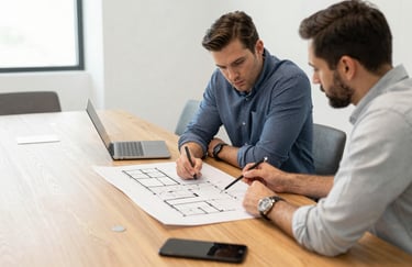 A focused strategy session in a North American boardroom. Two professionals are collaborating over a large wooden table with architectural plans and digital devices. The lighting is bright and forward-thinking, featuring off-white and muted blue colors.