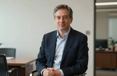 A portrait of a seasoned venture capitalist mentor in a high-end North American office setting. The style is professional and strategic, with an empowering mood conveyed through soft lighting and a palette of dark navy and off-white.