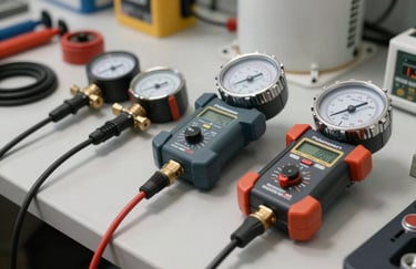 A set of professional HVAC diagnostic tools and a manifold gauge set lying on a clean workspace in a North American / US - Miami, Florida setting.