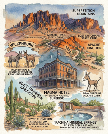Watercolor rendering of a few amazing hikes and iconic sites we've explored in Central Arizona