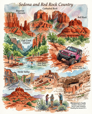 Watercolor rendering of iconic Arizona sights in Sedona and Red Rock Country