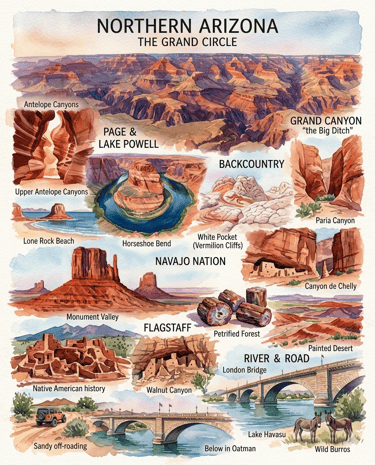 Watercolor rendering of a few iconic sites we've explored in Northern Arizona