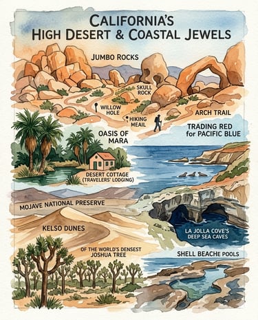 Watercolor rendering of a few amazing hikes and iconic sites we've explored in California