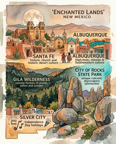 Watercolor rendering of a few amazing hikes and iconic sites we've explored in New Mexico