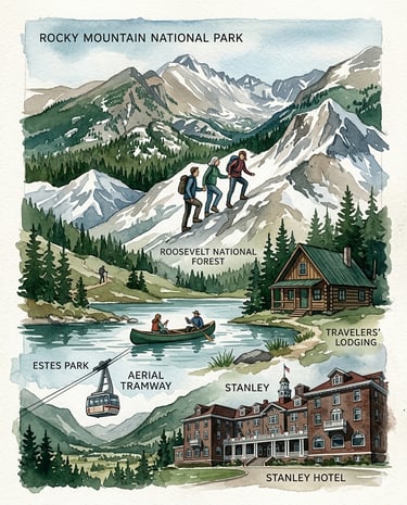Watercolor rendering of a few amazing hikes and iconic sites we've explored in Colorado