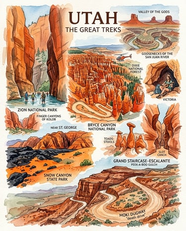 Watercolor rendering of a few iconic hikes and sites we've explored in Utah