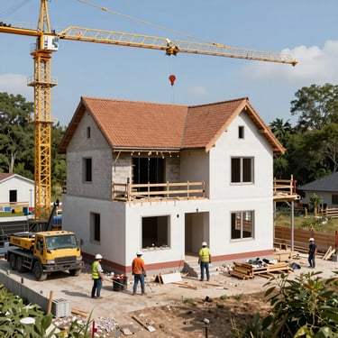 A professional woman consulting clients over property plans in a bright office.