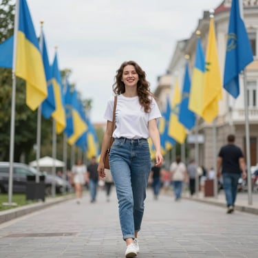 Close-up of a woman smiling warmly as she walks past colorful storefronts in a Canadian neighborhood.