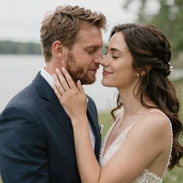 A candid moment of a bride laughing joyfully during a sunlit wedding ceremony.