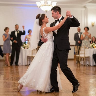 Soft golden hour light illuminating a couple's first dance under twinkling fairy lights.