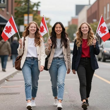 Three women walking together on a charming street in a Canadian town, surrounded by autumn leaves.