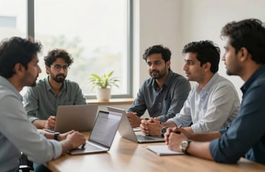 A group of South Asian professional developers in business casual attire having a collaborative discussion in a sunlit meeting room in Ahmedabad.