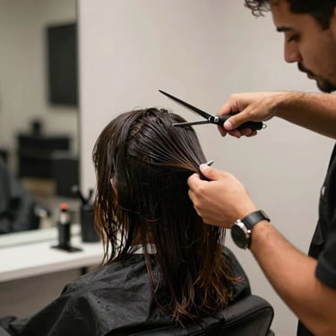 Professional hairstylist cutting hair in a modern South American / Brazilian salon, cinematic lighting.
