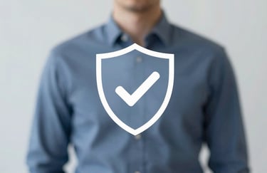 A detailed, linear icon of a security shield with a checkmark, centered in a professional corporate layout. Soft blue and gray palette (#1E3A8A, #F3F4F6).