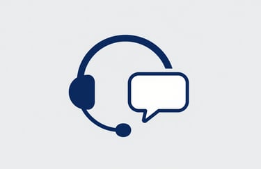 A linear, minimalist icon of a headset and a chat bubble, symbolizing modern hybrid customer support. Styled with corporate blue (#1E3A8A) on a light gray base (#F3F4F6).