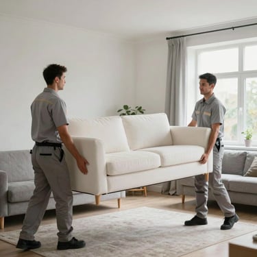 Two professional movers in light grey uniforms carefully carrying a large white sofa into a modern Northern European home. Soft daylight, clean composition.