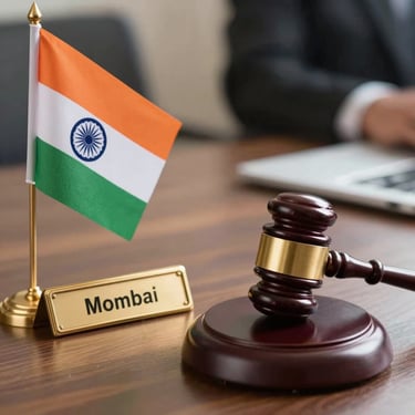 A professional desk setup in Mumbai with an Indian flag miniature, a law gavel, and a gold-trimmed nameplate, shot with a shallow depth of field.