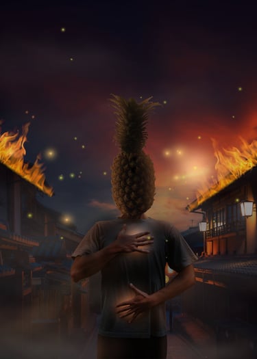 Elesa Palmers photoshoped digital artwork of a man with a pineaple head outside a chinese market