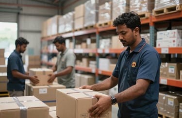 An indoor warehouse shot in Bangladesh, showing staff in professional uniforms organizing crates, emphasizing a clean, efficient, and reliable operation.