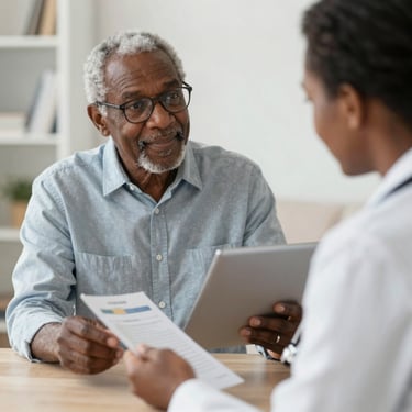 Elderly man consulting with a home care health professional during a healthcare appointment.