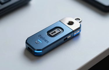 A close-up of a secure hardware token on a clean white surface, symbolizing digital security, air force blue lighting accents, professional photography.