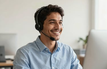 A friendly South American / Brazilian customer support professional in a bright office, soft lighting, using a headset and smiling, modern off-white background.