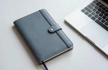 A minimalist, top-down photograph of an executive workspace. A leather notebook in muted blue-grey and a laptop on a clean desk.