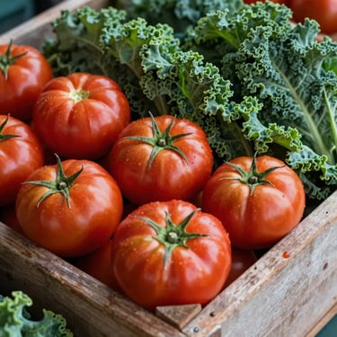 A close-up photograph of fresh, vibrant red heirloom tomatoes and green kale in a weathered wooden crate at a US farmers market.