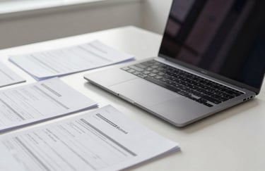 A sleek, professional North American desk featuring a high-end laptop and organized pharmaceutical documentation in a bright, airy corporate environment.