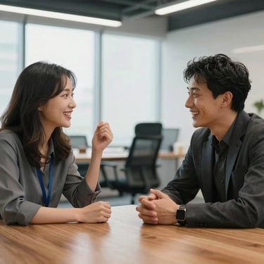 Two people sitting in a modern, brightly lit office in the US, engaged in a hopeful and supportive conversation across a wooden table.