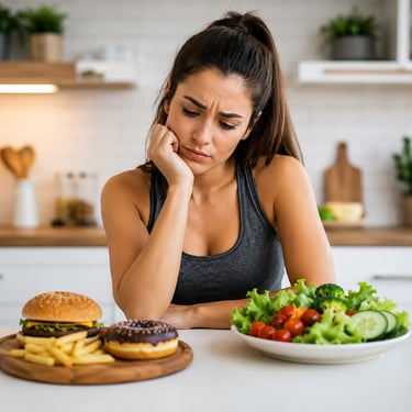 A woman choosing between a healthy green salad and a burger with fries and a donut.